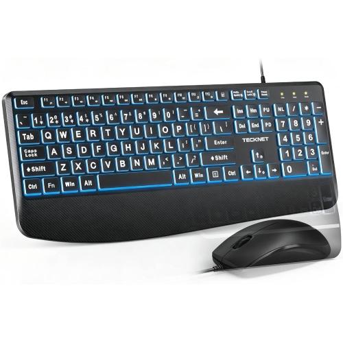 TECKNET Wired Keyboard and Mouse Combo, 7 Color Backlit Large Print Ergonomic Keyboard with Wrist Rest, Soft Typing, USB Plug & Play, Silent Keyboard Mouse Set for PC, Mac, Laptop, Blue