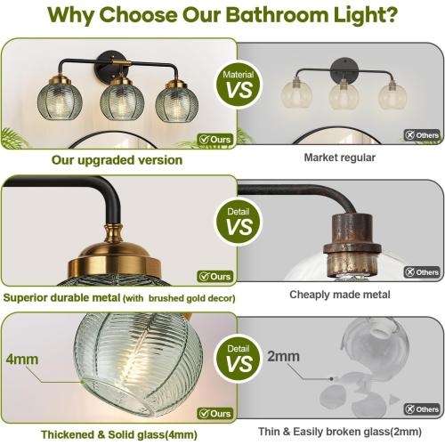 Bathroom Light Fixtures, 3-Light Green Vanity Lights with Unique Leaf Texture Glass Shade, Modern Matte Black and Gold Bathroom Wall Lamp for Mirror Hallway Cabinet Living Room