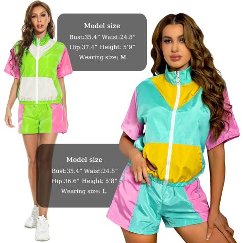 Size XL Yisfri Women's Color Block Windbreaker 2 Piece Outfits Short Sleeve Zip Front Elastic Waist Tracksuit Set