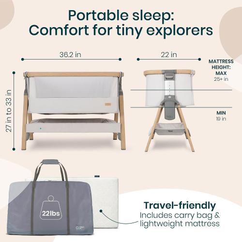 Tutti Bambini CoZee® 2-in-1 Baby Bassinet & Bedside Sleeper - Fast-Folding Bedside Bassinet, Baby Crib with 6 Mattress Heights & Breathable Mesh Window, Mattress Included, 0-6 Months (Silver & Oak) ‼️color different and mattress not included‼️