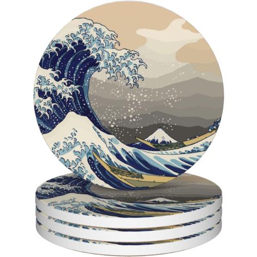 Japanese Style Waves Round 4 Cup Coasters Set of 4, Absorbent Ceramic Coasters with with Cork Backing, Table Home Decor, Gifts for Women Men
