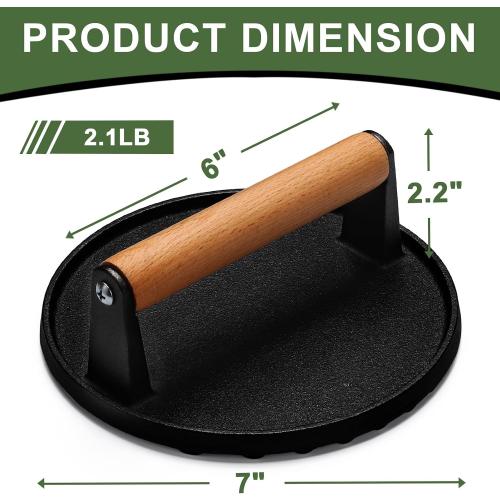 EWFEN Burger Press, 7 Round Heavy-Duty Cast Iron Smash Bacon Press Meat Steak with Wood Handle for Griddle, Sandwich, Nonstick Pan