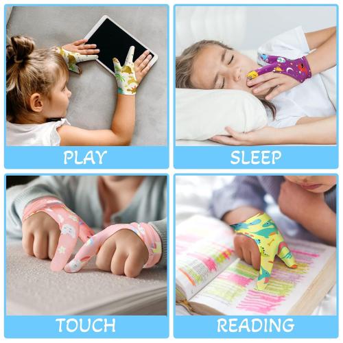 Janmercy 16 Pcs Thumb Sucking Stop for Kids Chewy Gloves Stop Breathable Thumb Guard for Nail Biting Gloves Cute Finger Sucking Stopper for Kids, 8 Style, 2 Finger(3-6 Years)