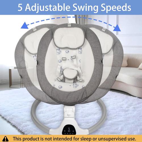 Electric Baby Swing for Infants, 5-Speed Adjustable Swing with Bluetooth Music, Timer, 5-Point Harness and Stable Base for Supervised Daytime Use (Grey)
