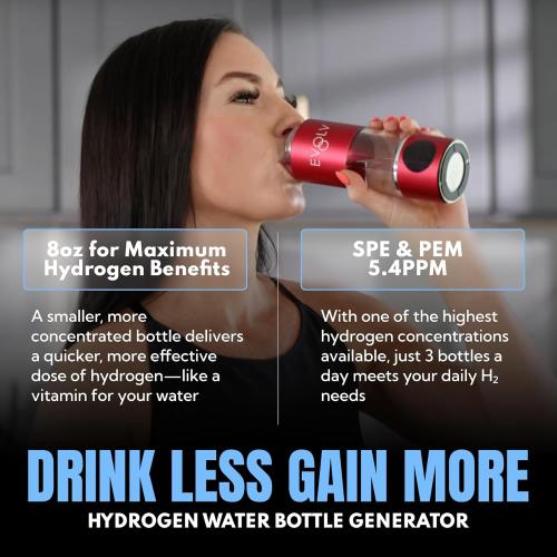 EVOLV Hydrogen Water Bottle Generator – SPE & PEM Water Ionizer 5.4PPM, Highest H2 Concentration – Portable 8oz Hydrogenated Water Bottle – Leak-Proof Hydrogen Water Machine, Easy to Use – Crimson