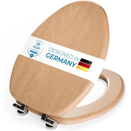 SANILO Wooden Toilet Seat with Soft Close [ELONGATED] - Decorative, Quiet & Slow Close Molded Wood Seat - With Strong Bumpers & Hinges - Adjustable Fit - Wood