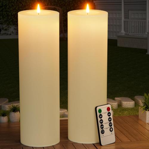 Missing control 14 x 4 Large Outdoor Candles with Timer Waterproof Flickering LED Flameless Candles Battery Operated with Remote Fake Pillar Candles Realistic for Patio Porch Lanterns, Ivory 2 Pack