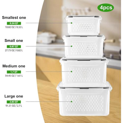 Fruit Storage Containers for Fridge with Removable Colander 4 PCS | Airtight Food Storage Container Dishwasher Safe Produce Saver for Refrigerator Keep Berry Fruit Fresh Longer Small Clear
