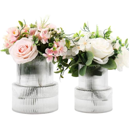 ‼️1 Missing‼️Ribbed Glass Vases for Bouquet, Set of 2 Fluted Vases for Flowers, Clear Vase for Tulips, Modern Glass Vase for Living Room, Office, Coffe Table, Dining Table, Shelf, Wedding