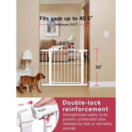 Baby Gate for Stairs, 29.5-40.5 Dog Gate for Doorways, Walk Thru Auto Close Metal Child Gate for The House, Stairs and Doorways, Pressure Mounted Pet Gate for Dog Indoor (White)
