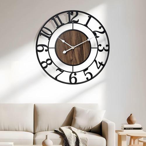 Large Metal Wall Clock, 30 Inch Retro Decorative Silent, Non Ticking, Battery Operated Modern Big Wood Wall Clock for Living Room, Farmhouse, Bedroom, Fireplace, Kitchen, Office, Home Decor