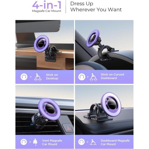 LISEN Fits MagSafe Car Mount Car Phone Holder,Strong Magnetic Phone Holder for Car Magsafe, Dashboard Vent iPhone 16 Car Mount Holder Car Accessories for iPhone 16 15 14 13 12 Pro Max,Purple Kits