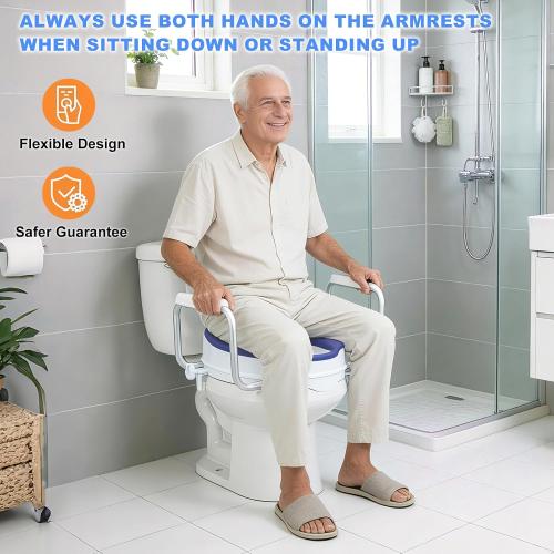 Raised Toilet Seat with Handles, Add 5 inch, Fits Round Toilet | With Cushioned|300 lbs|Includes lid|Adjustable Width|Blue color|for bathroom use