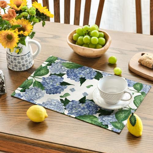 Artoid Mode Watercolor Hydrangea Placemats for Dining Table, 12 x 18 Inch Spring Summer Seasonal Decoration Rustic Washable Table Mats Set of 4 Purple
