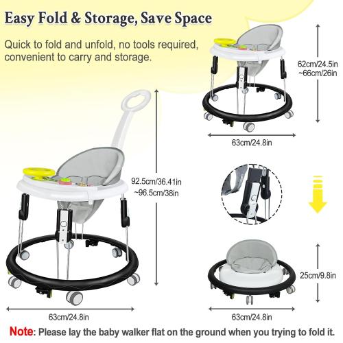 Foldable Baby Walker for Boys and Girls, 5-in-1 Baby Walker with Wheels, Adjustable Height Toddler Activity Walker with Music Tray, Detachable Seat and Mute Anti-Rollover Baby Walkers for 8-24 Months