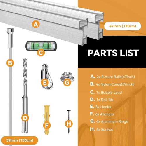 Picture Rail Hanging System 47 inch - Heavy Duty Picture Hanging Kit Mounted on Wall/Ceiling with 2 Picture Rails 47 inch, 4 Nylon Cords, 4 Hooks, Hardwares for Home, Office, Museum, Art Galleries