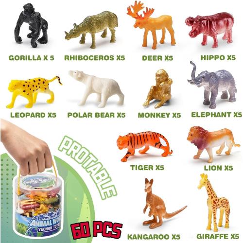 Yeonha Toys 60 Piece Mini Zoo Animal Toy with Gift Box, Realistic Small Plastic Animal Figure Sensory Bins, Jungle Party Favors, Cupcake Topper, School Education, Birthday Gifts for Kids Toddlers