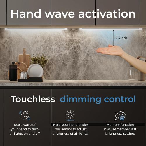 EShine Hand Wave Activated Under Cabinet LED Lighting Kit, Dimmable, 3-Pack 20 in - Touchless Dimming Control, Black Under Counter Lights for Kitchen, Garage, Office, Desk - Warm White (3000K)
