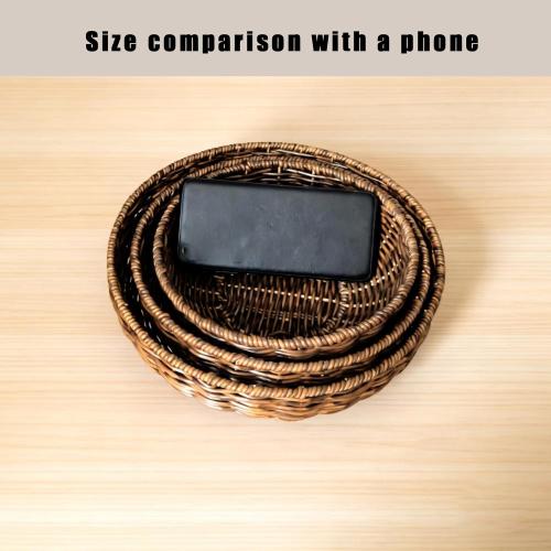 Set of 3 Small Round Wicker Baskets, Fruit Bread Baskets for Serving, Handwoven Rattan Bowl Storage Organizer for Kitchen Brown