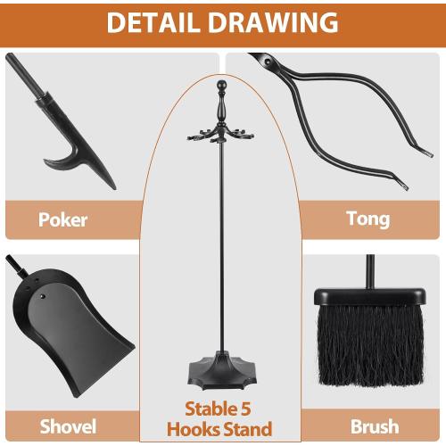 5 Pieces Fireplace Tools Sets Indoor Outdoor Wrought Iron Large Fire Place Set Tools, Fire Pit Tools with Poker Shovel Tongs Brush and Stand, Black