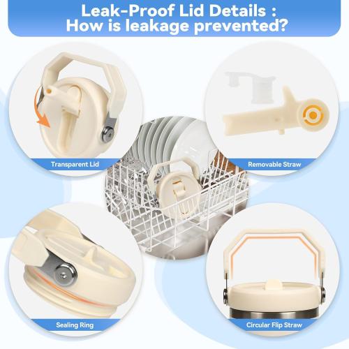 Flip Straw Lid for Stanley 30oz and 20oz, Leak Proof Top Replacement with Handle for 30&20 oz Stanley Quencher and ProTour, Detachable No Spill Lids Reusable Lids Accessories for StanleyCup, Cream