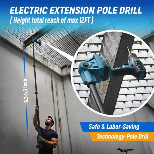 (Missing drill bit) 2-in-1 Cordless Telescoping Pole Drill, 20V Max Power Drill Cleaning Tool with 2 Batteries & 2.0A Charger, 5.3-15FT 180° Adjustable Extension Pole, Comes with 7 Pieces Drill Brush Attachments