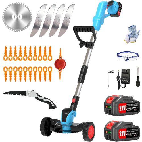 Electric Weed Wacker Cordless Eater Battery Powered Eater Lightweight Edger Portable Stringless Grass Trimmer/Lawn Mower/Brush Cutter, with 3 Types Blades & Wheels for Yard and Garden-Blue