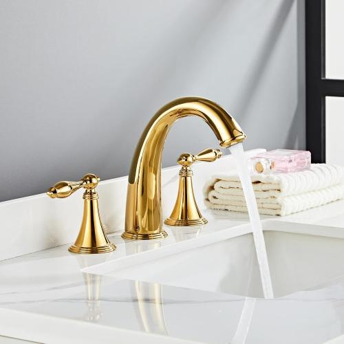 SaniteModar Polished Gold Bathroom Sink Faucet,Brass Bathroom Faucet 3 Hole,Widespread Bathroom Faucet for Sink 3 Hole,2 Handles Design with Water Supply Lines