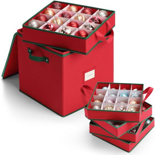 MaidMAX Ornament Storage Box, Christmas Ornament Storage, Ornament Storage | 64 Christmas Balls Storage Containers with Adjustable Dividers, Zippered Closure, 4 Removable Trays, 600D Oxford, 13x13x13