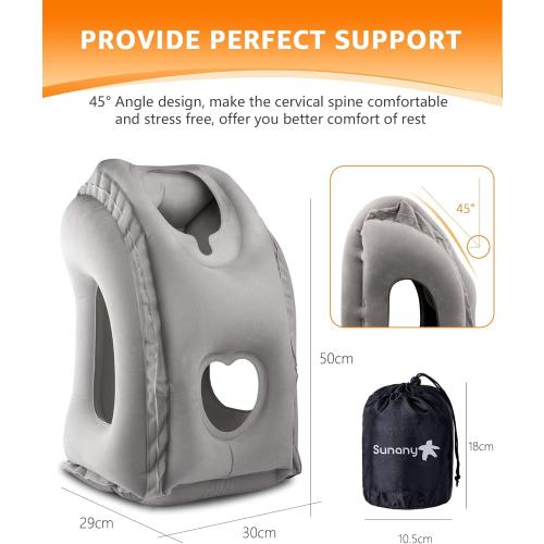 Sunany Travel Pillow, Inflatable Neck Pillow Used for Airplanes/Cars/Buses/Trains/Office Napping with Eye Mask/Earplugs (Gray)