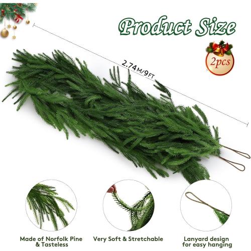 2 Pack Christmas Norfolk Pine Garlands 9FT, Real Touch Artificial Greenery Garland – Full Evergreen Pine Garland for Mantle, Fireplace, Table, Wall, Stairs & Outdoor Holiday Décor