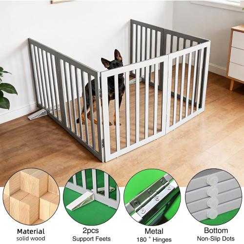 ZJSF Freestanding Indoor Dog Gate for House Foldable Wood Puppy Gate for Doorways Pet Gate for Stairs Extra Wide Pet Fence, Grey, 32 Height 6 Panels