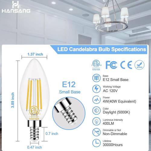 hansang E12 LED Bulb 5000K Bright Daylight, 40W Equivalent Type B Bulbs with Small Candelabra Base, B11 Shape Chandelier Light Bulbs, 4W B11 LED Bulb Clear Glass, 120V, 400LM, 6 Pack, Non-dimmable