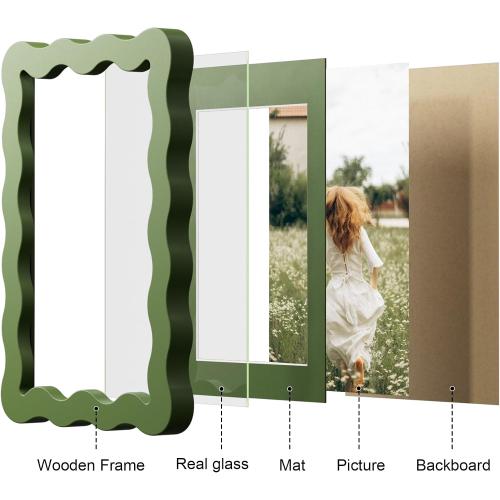 11x14 Picture Frame with Mat for 8x10, Wavy Edge Wooden Real Glass Photo Frame for Wall Hanging, Green, 2 Pack