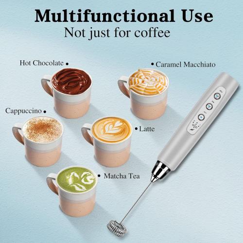 Milk Frother Handheld for Coffee, Electric Whisk 3 Speed Adjustable, Drink Mixer with Stainless 3 Whisks, Rechargeable Hand Frother Wand, Foam Maker for Latte Cappuccino Matcha Egg Silver