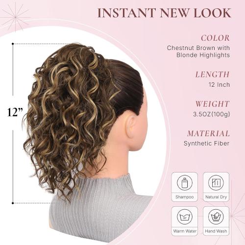 12 Inch Curly Ponytail Extension - Clip in Ponytail Hair Extensions, Natural Claw Clip Ponytail Extension, Synthetic Clip on Ponytails for Women (Color: Chestnut Brown with Blonde Highlights)