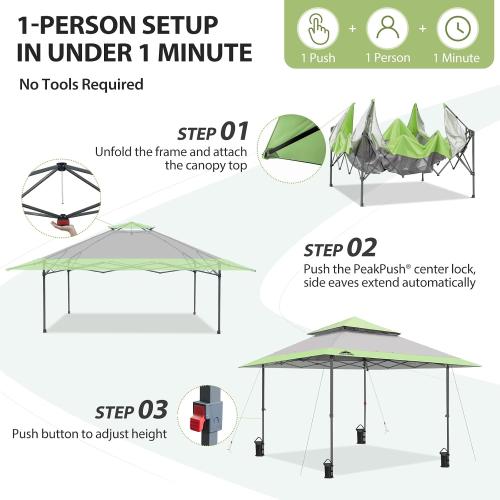EAGLE PEAK 13x13 Pop Up Canopy Tent, Auto Extended Eaves, Gray | Easy Setup, Heavy Duty Outdoor Canopy Tent, Pop Up Gazebo for Backyard, Patio, Camping & Parties, Wheeled Carry Bag, UPF 50