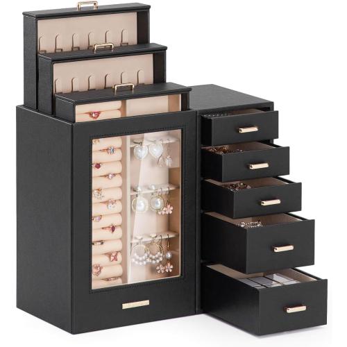 Homde Large Jewelry Box/Organizer/Case with Glass Window, Drawers for Necklaces Earrings Rings Bracelets Watches Gift for Women Girls