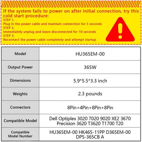 HU365EM-00 HK465-11PP 365W Power Supply Compatible with Dell Optiplex 3020 7020 9020 XE2 3670 Precision 3620 T3620 T1700 T20 7VK45 T1M43 DPS-365CB A RVTHD D365EM-00