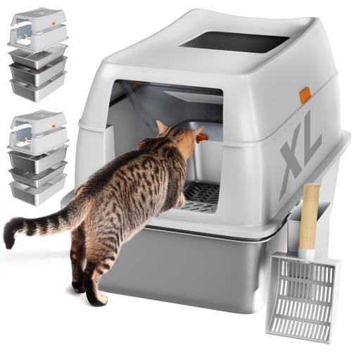 Tom & Sora Creations Stainless Steel Sifting Litter Box, Sifting Cat Litter Box for Pine Pellets and Clay Litter, Multifunctional, Low Maintenance, Odor Free, Leak Free, Enclosed, XL, Grey