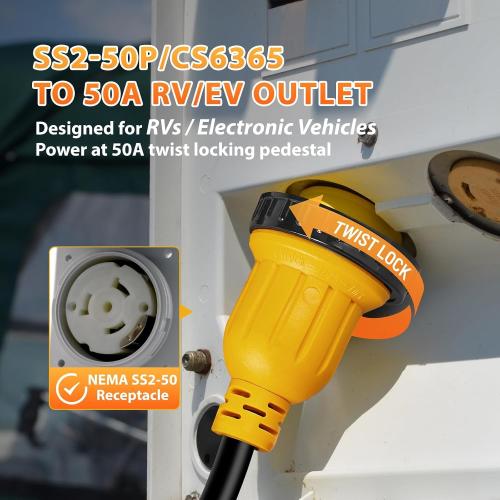 MECMO NEMA SS2-50P to 14-50R 50 Amp Marine Shore Power to Tesla EV RV Power Adapter Cord, Twist Lock SS2-50P/CS6365 to 4 Prong 50A RV Outlet Receptacle for Camper Trailer Motorboat Yacht