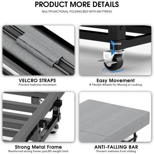 Folding Bed with Mattress, Portable Foldable Bed for Adults, Roll Away Guest on Wheels, Memory Foam Mattress and Metal Frame, Space Saving Fold Up for Easy Storage, 75 x 31