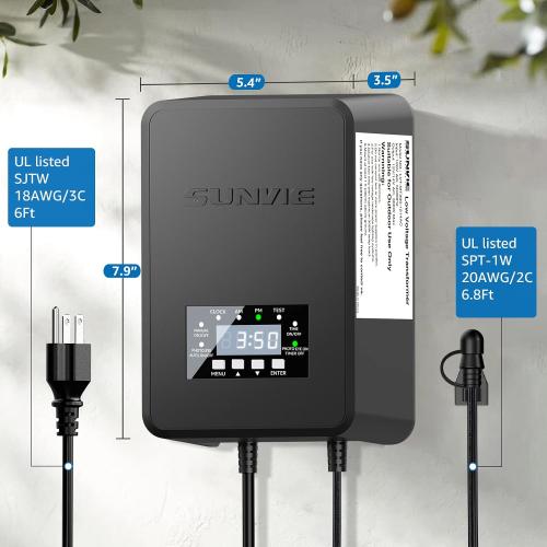 SUNVIE 200W Landscape Lighting Transformer Outdoor Low Voltage Landscape Transformer with Timer and Photocell Sensor Waterproof 120V to 12V/14VAC Low Voltage Transformer for Landscape Garden Lights