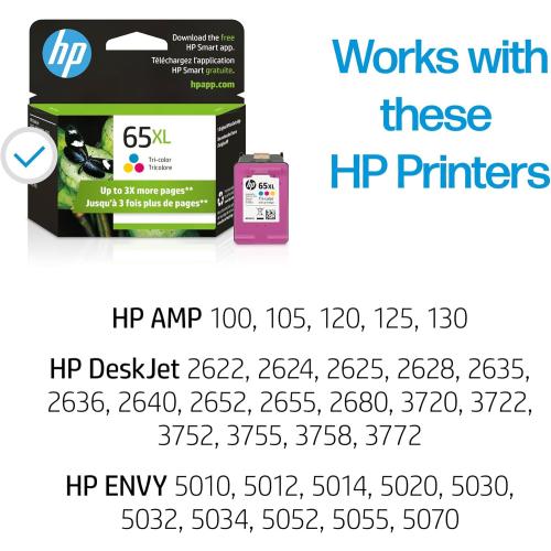 Missing box ,HP 65XL Tri-color High-yield Ink Cartridge for HP Printers | Works with Printer Series: AMP 100, DeskJet 2600, 3700; ENVY 5000 | Eligible for Instant Ink | N9K03AN