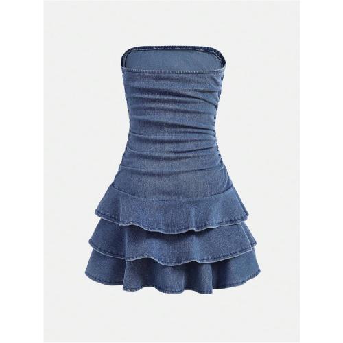 Size XS Floerns Girl's Ruched Strapless Tube Top Bowknot Denim Dress Cute Tiered Dress