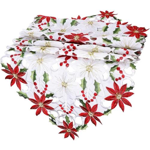 OurWarm Christmas Embroidered Table Runners Poinsettia Holly Leaf Table Linens for Christmas Decorations 15 x 70 Inch