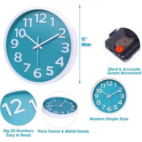 Crosstime Wall Clock Silent Non Ticking Indoor Outdoor Clock Battery Operated Easy to Read Analog Decorative Clocks for Bedroom Office Home Patio Pool Porch Decor,12 Inch Aqua