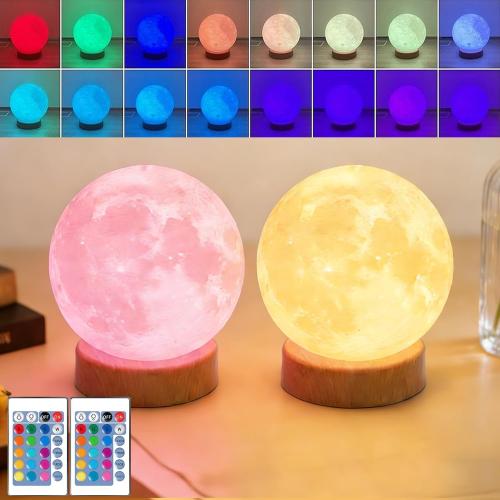 2 Pack 3D Moon Lamp LED Night Light, Remote Control 16-Colorful RGB, Globe Cute Lamp Bedroom Home Office Decor, Romantic Table Lamp Gifts for Christmas Birthday Girls Boys Women