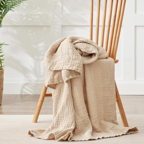product is good -damage box -100% Cotton Blanket Large 106in.X94in ( 269 cmx239cm) .  Layers Muslin Blankets, Cooling and Soft Throw Blanket for Couch, Breathable Quilt Bedspread, Gauze Bedding for Adults, Oatmeal, Beige Linen