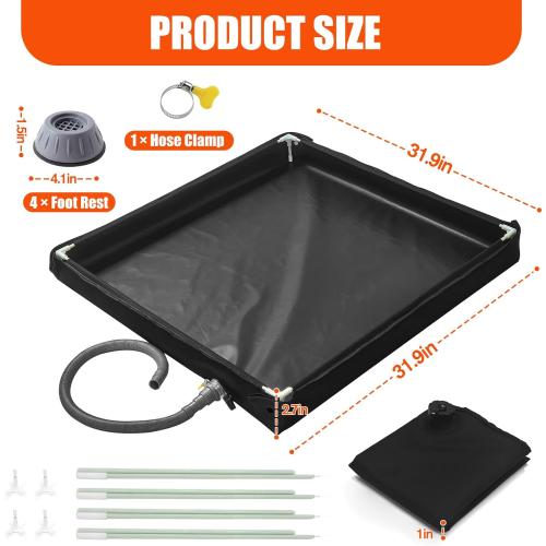 Washing Machine Pan 31.9 X 31.9 X 2.7 Inch Washing Machine Drain Pan with 4 PCS Anti-Vibration Foot Pads and Drain Hole Hose for Washer Dryer Floor Protection